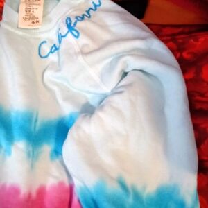 Gildan White Tie-Dye Sweatshirt with Blue and Pink Accents